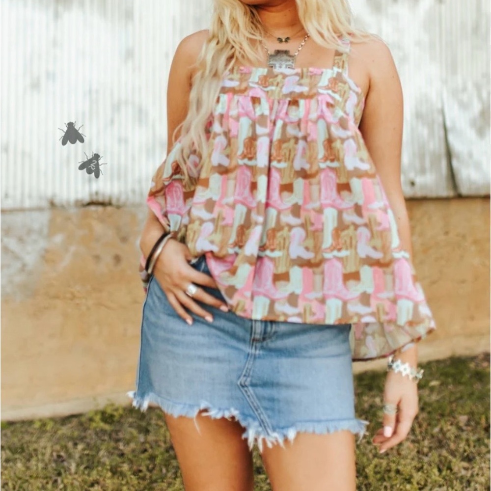 TWO 2 FLY Rodeo Ruffle Western Boot Tank Top Pink Brown XL NWT Festival Country